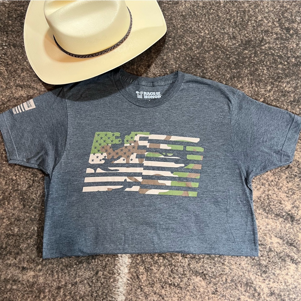 Gray Camouflage Flag Tee, Rags of Honor, Military Men's Tee